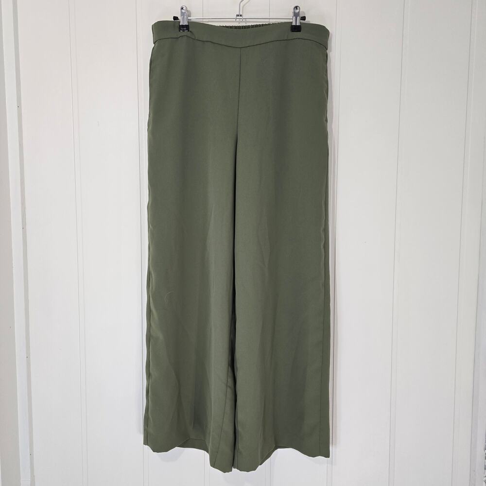 J Crew Green Wide Leg Pants Pull On Full Length Elastic Waist Pockets Size 14
